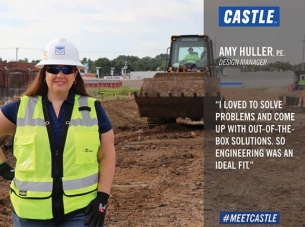 amy huller in yellow vest and hard hat with quote about loving problem solving